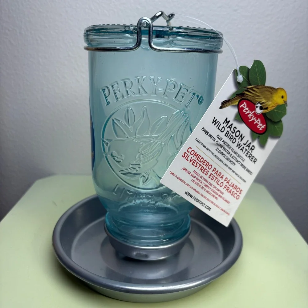 NWT Perky Pet Blue Wild Bird Waterer Glass Metal Water Station